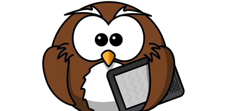 Eine Zeichentrick-Eule mit E-Book-Reader. Symbolbild für den Text ohne Verben.