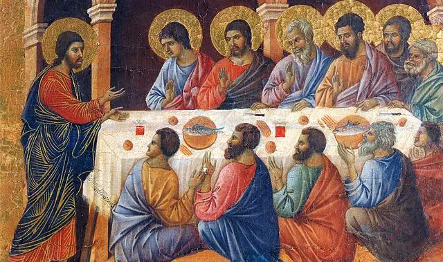 Das letzte Abendmahl am Gründonnerstag. Bild gemalt von Duccio di Buoninsegna (1308)