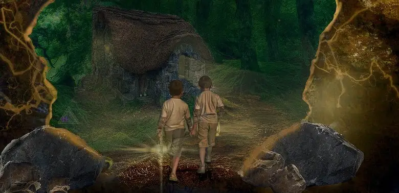 Ein Phantasiebild: 2 Jungen erkunden einen mystischen Wald. Symbolbild für den Themenmomat 100-Wörter-Geschichten.