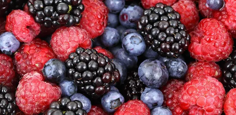 Viele Früchte, unter anderem Himbeeren und Brombeeren, auf einem Haufen. Symbolbild für Früchte, die wir als Beeren bezeichnen, die aber keine Beeren sind.