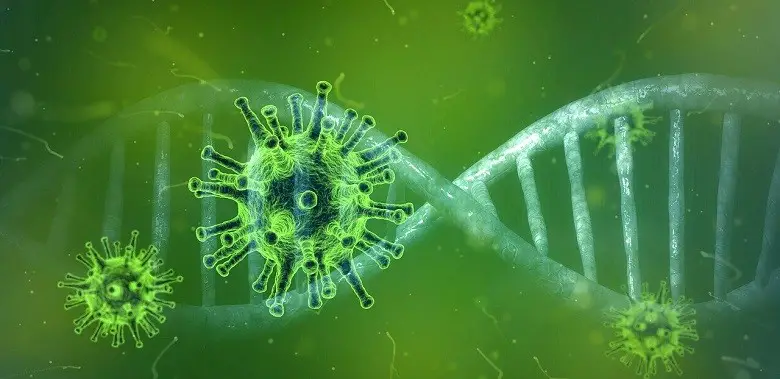 Ein Virus und ein DNA-Strang. Symbolbild für die Erklärung des Wortes Epidemie.