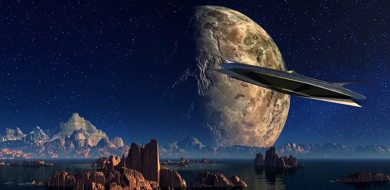 Ein Raumschiff fliegt auf einem fremden Planeten vor einem Mond. Symbolbild für die Schule der Zukunft: Schule auf den Sternen.