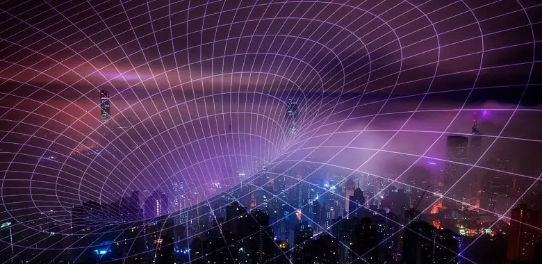 Eine futuristische Stadt aus der Vogelperspektive. Symbolbild für ein Schultag im Jahr 2043.