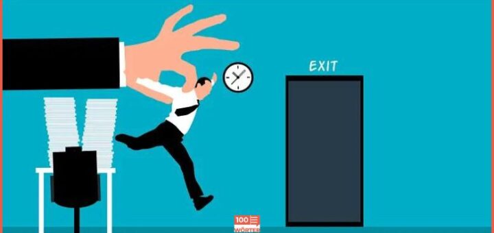 Zeichnung, wie ein Mensch aus seinem Büro geworfen wird. Symbolbild für die Erklärung und Herkunft der Redewendung hochkant rauswerfen.